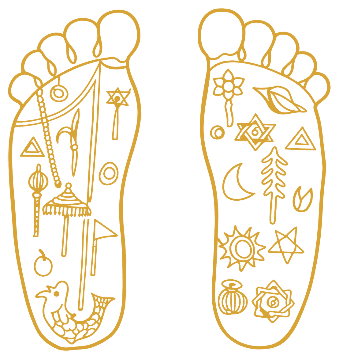 Golden footprints inscribed with sacred symbols